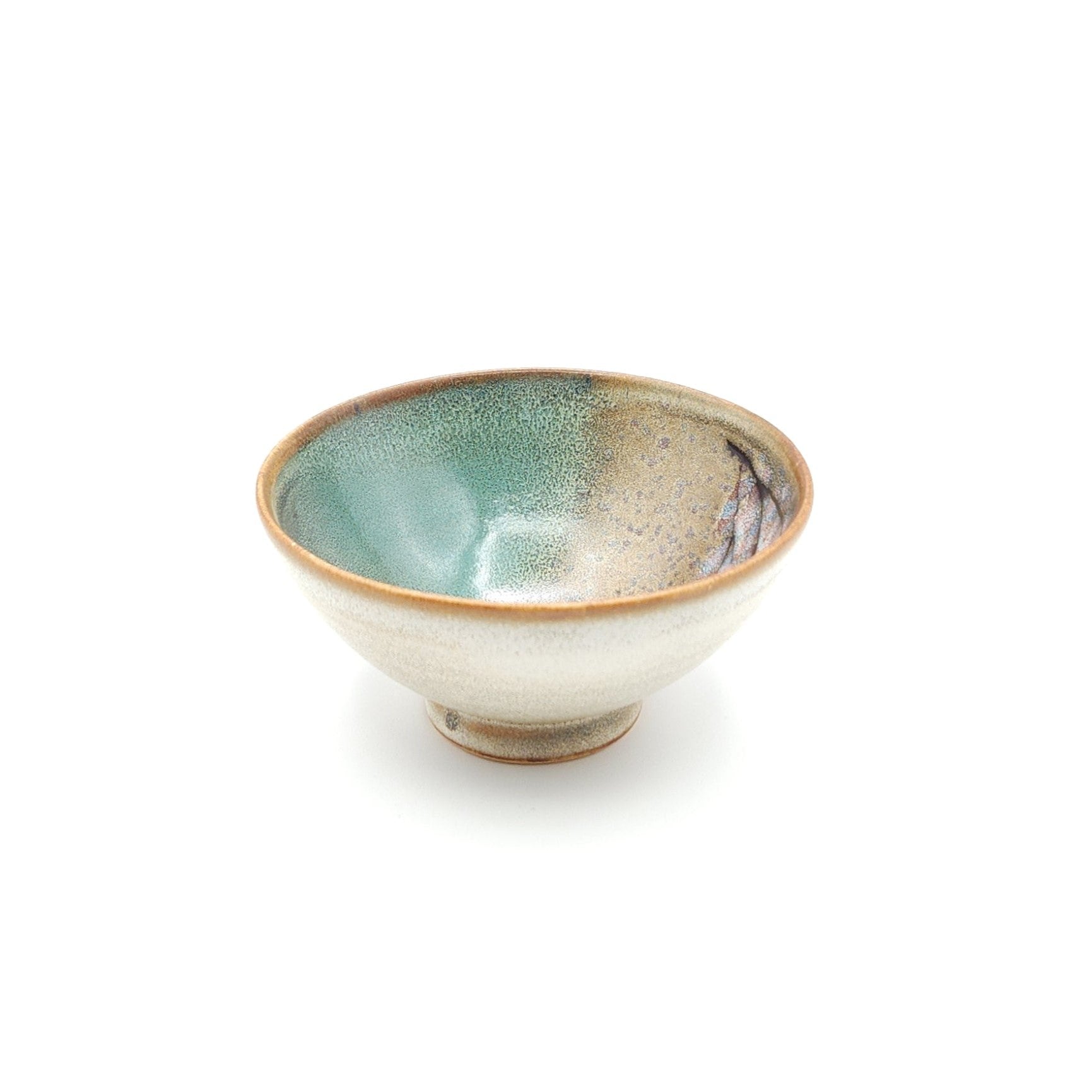 Authentic Japanese pottery bowl with cherry blossoms decoration. Green and beige color. (side view 8).