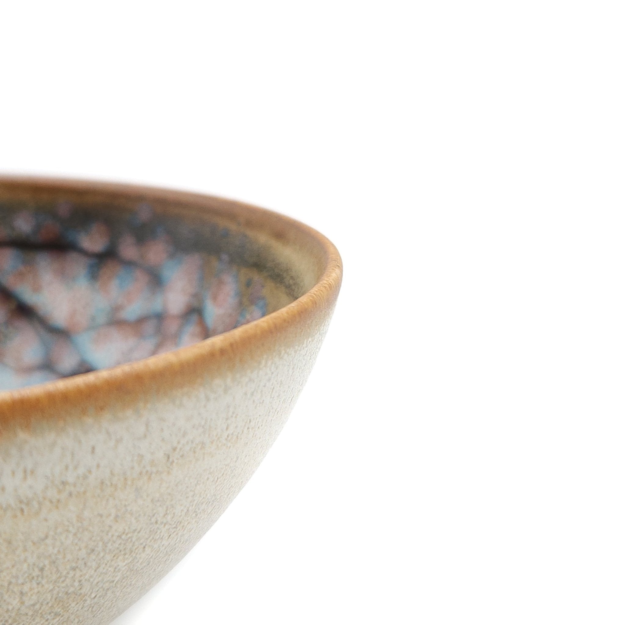 Authentic Japanese pottery bowl with cherry blossoms decoration. Green and beige color. (side detail 1)