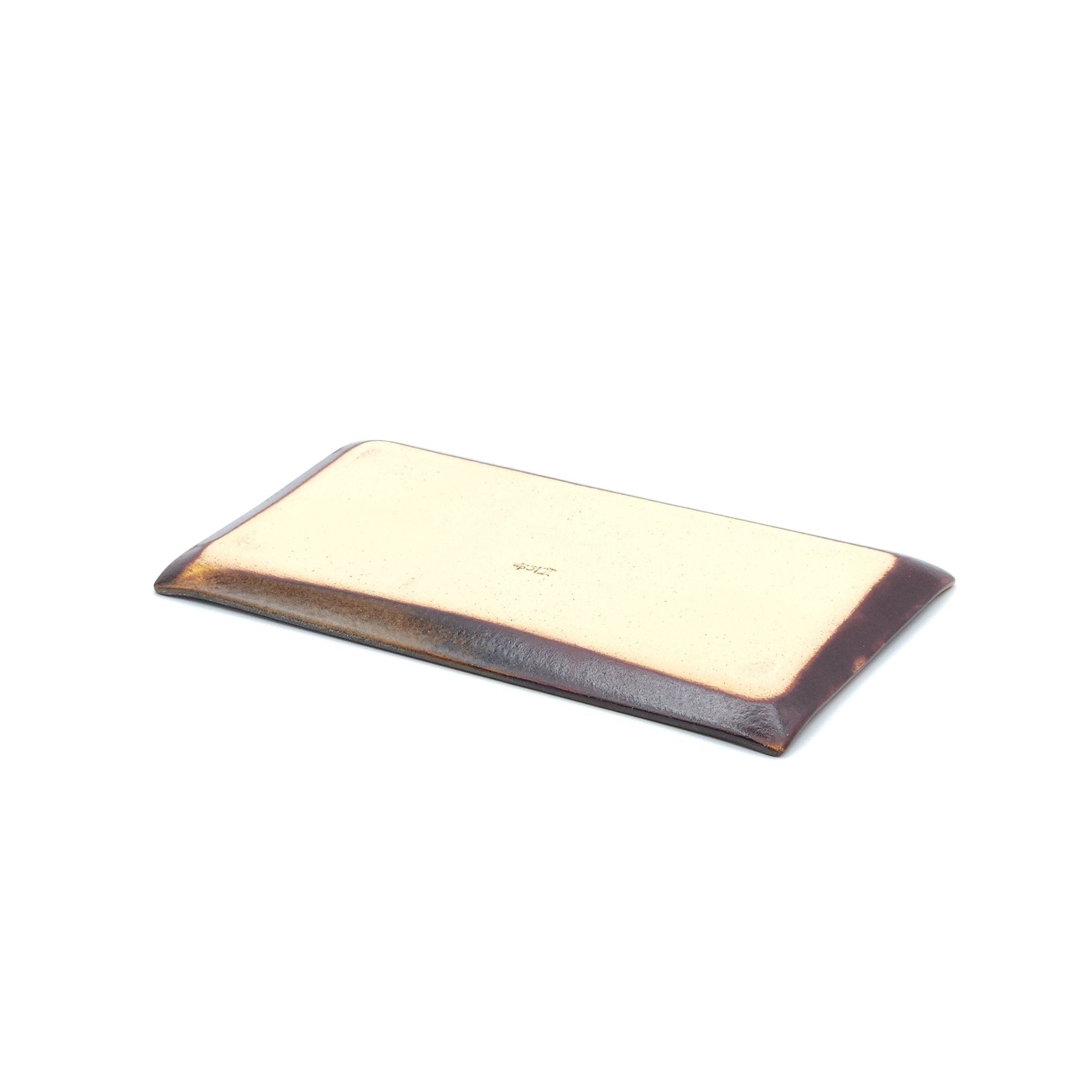 Authentic Japanese pottery rectangular plate with Mt.Fuji decoration. red and brown color. (bottom view 1).