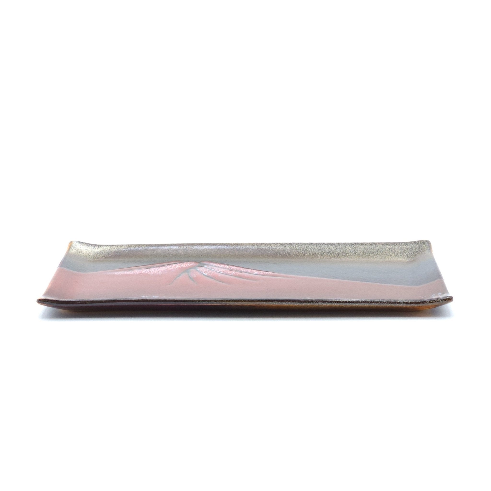Authentic Japanese pottery rectangular plate with Mt.Fuji decoration. red and brown color. (side view 2).