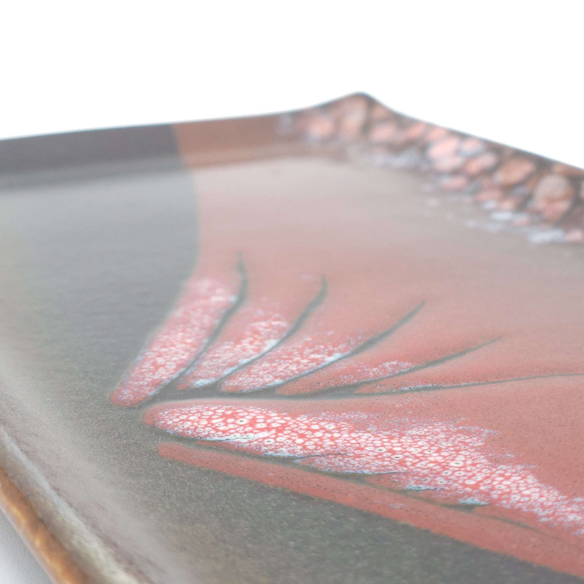 Authentic Japanese pottery rectangular plate with Mt.Fuji decoration. red and brown color. (top detail view 1).