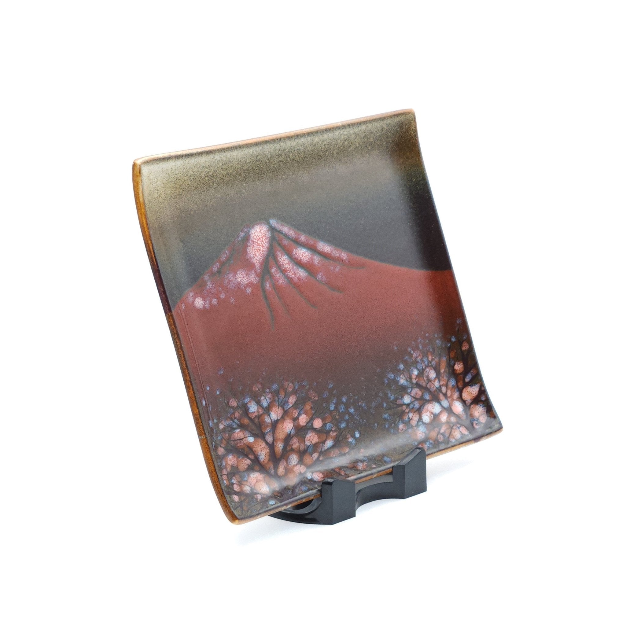 Authentic Japanese pottery square plate with Mt.Fuji decoration. red and brown color. (front side view 3).