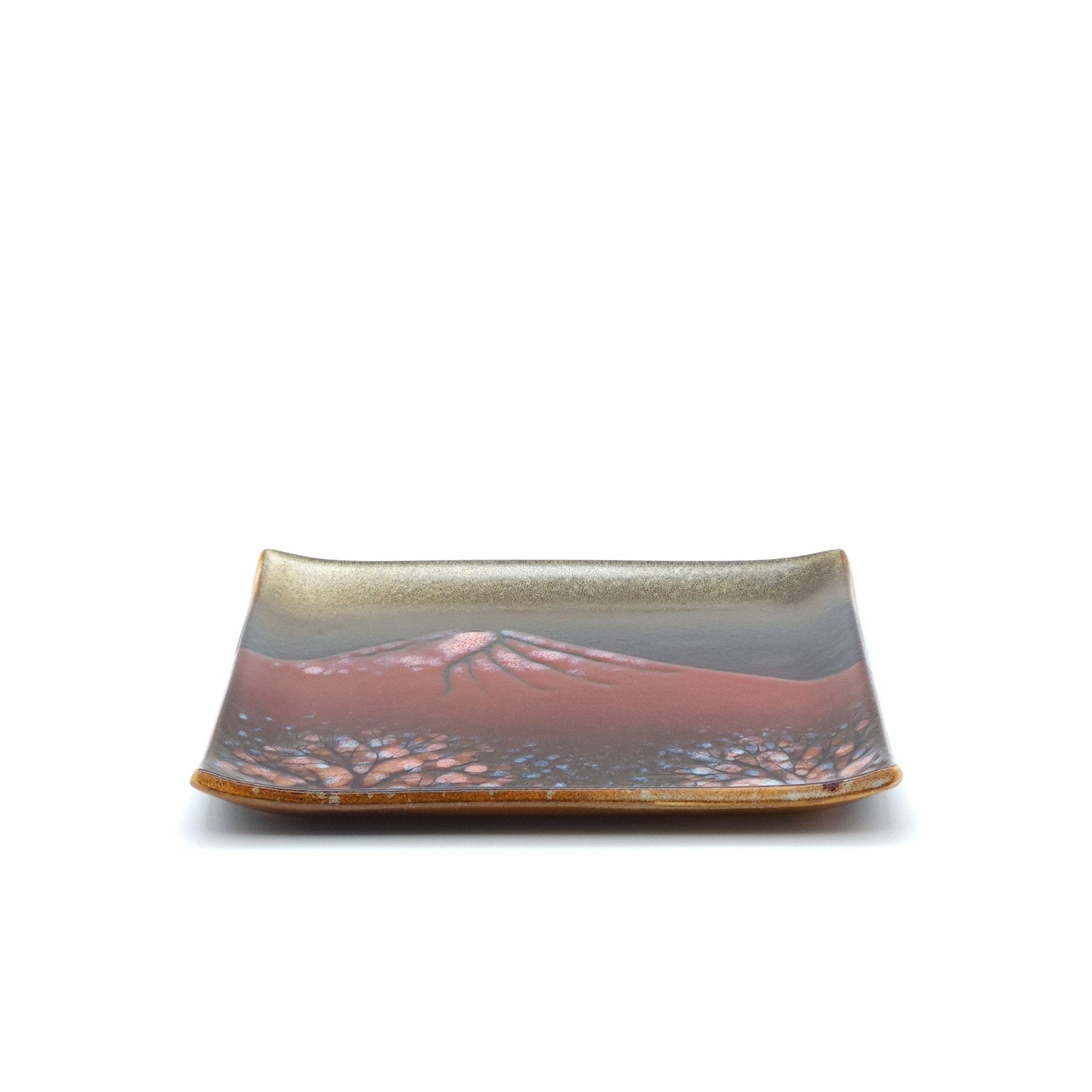 Authentic Japanese pottery square plate with Mt.Fuji decoration. red and brown color. (side view 1).