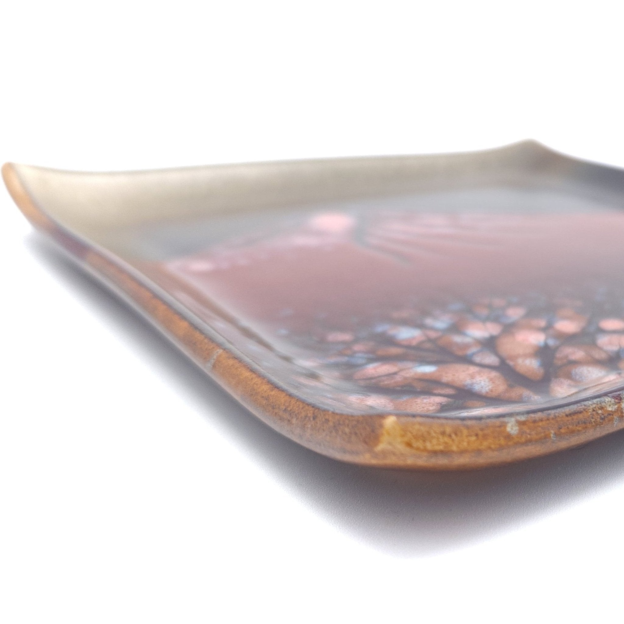 Authentic Japanese pottery square plate with Mt.Fuji decoration. red and brown color. (side detail view 1).