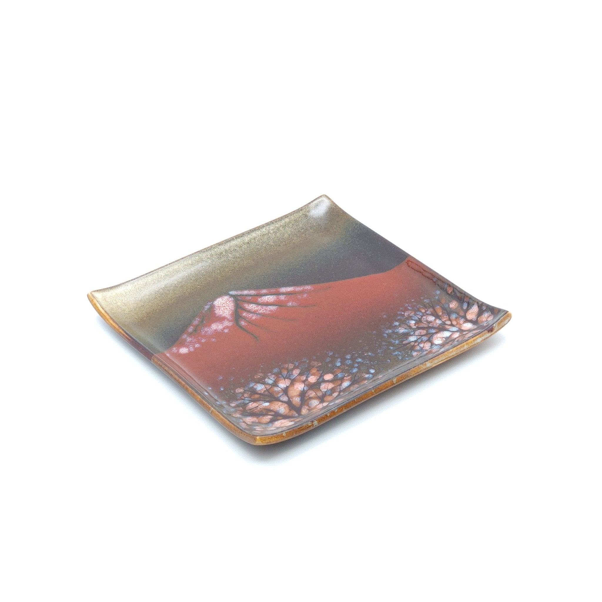 Authentic Japanese pottery square plate with Mt.Fuji decoration. red and brown color. (top view 2).