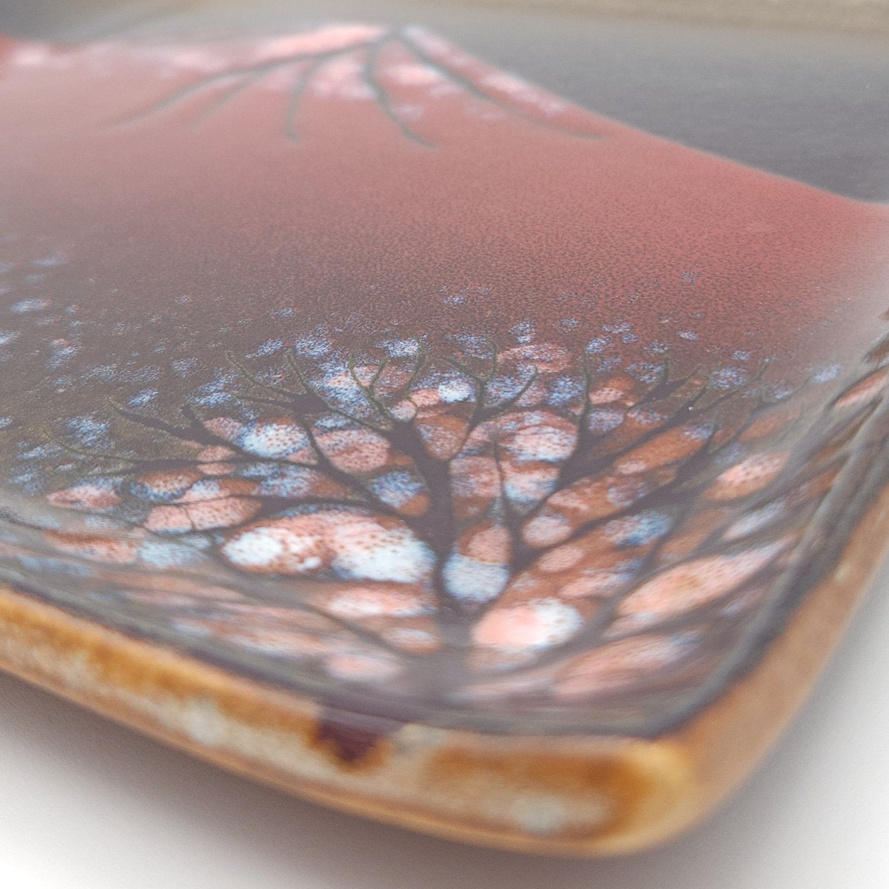 Authentic Japanese pottery square plate with Mt.Fuji decoration. red and brown color.(top detail view 2).