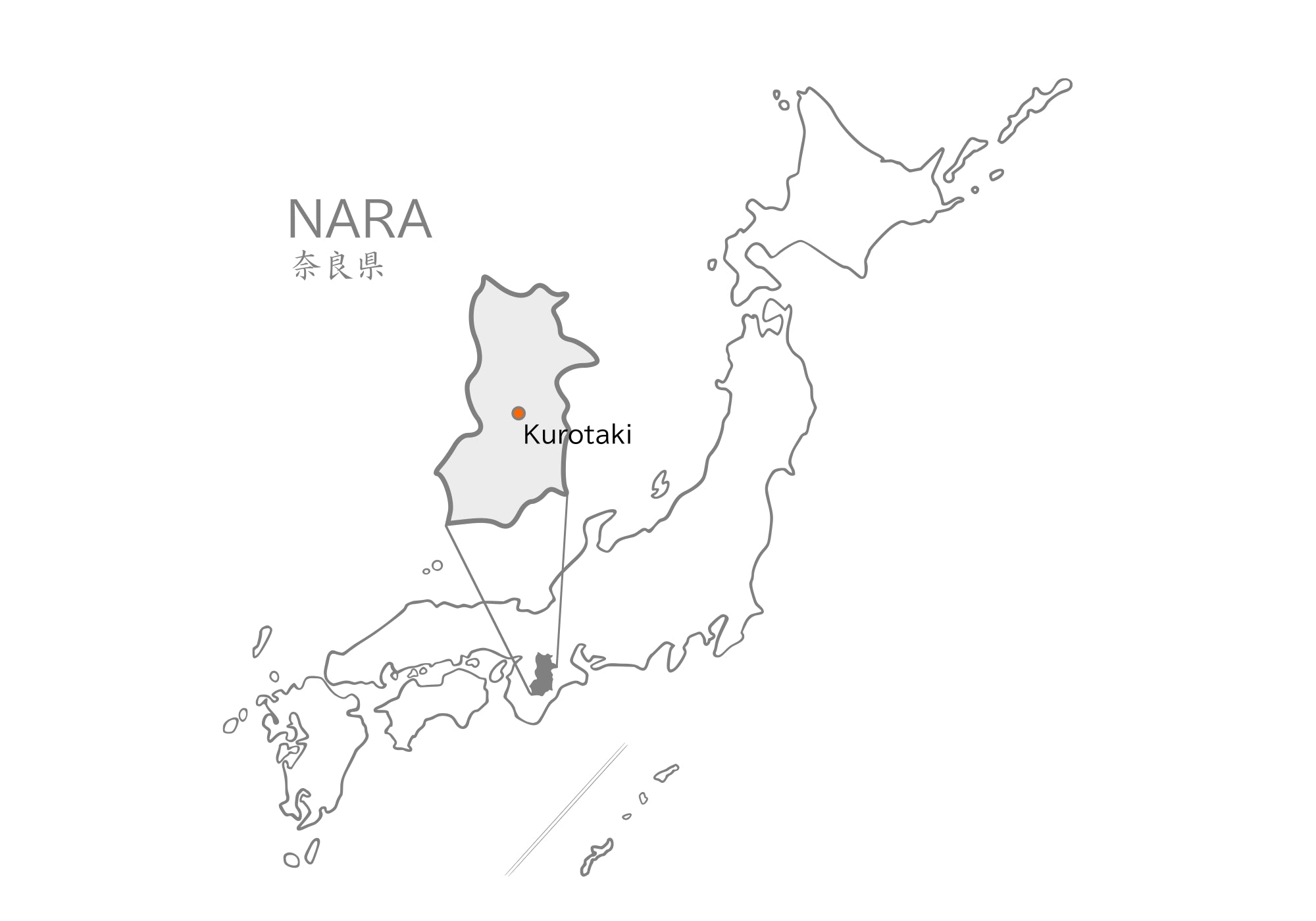 Map of Japan highlighting Nara prefecture with Kurotaki city labeled. Tsukushi