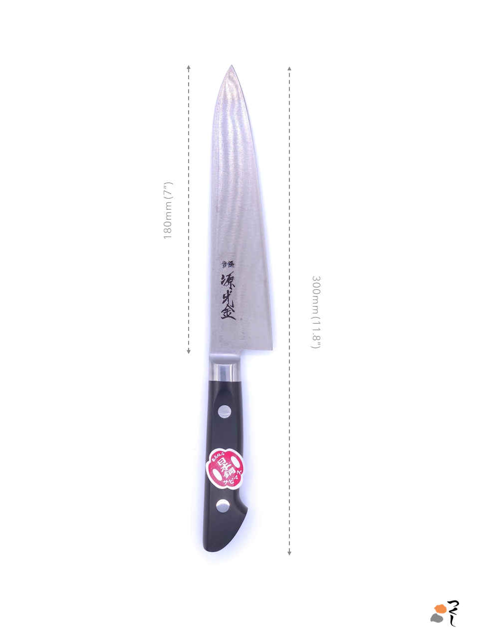 Gyuto Japanese knife made of SK carbon steel by Minamoto Mitsukane. Black handle, size description.