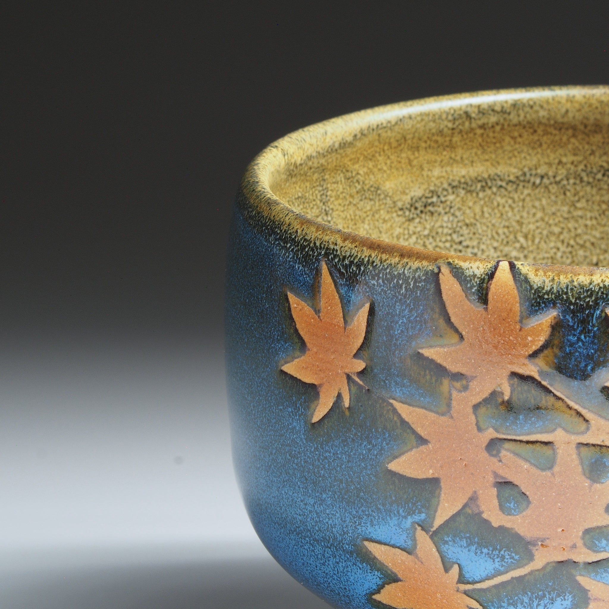 Detail of a Japanese Ceramic matchawan with leaf patterns on a gradient background