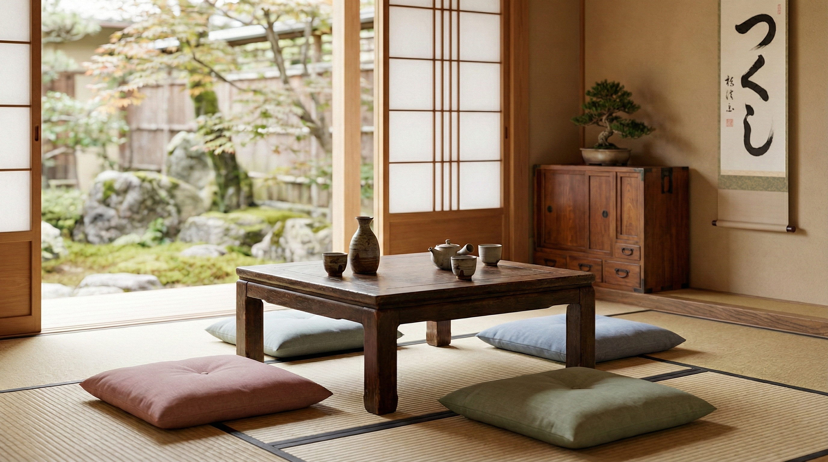 A Japanese minimalist room with Table and Sliding doors 