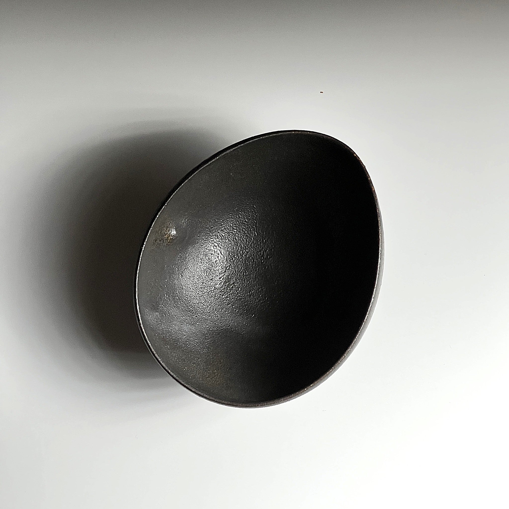 Top view of handcrafted black Japanese  ceramic bowl on a white gradation background, Tsukushi