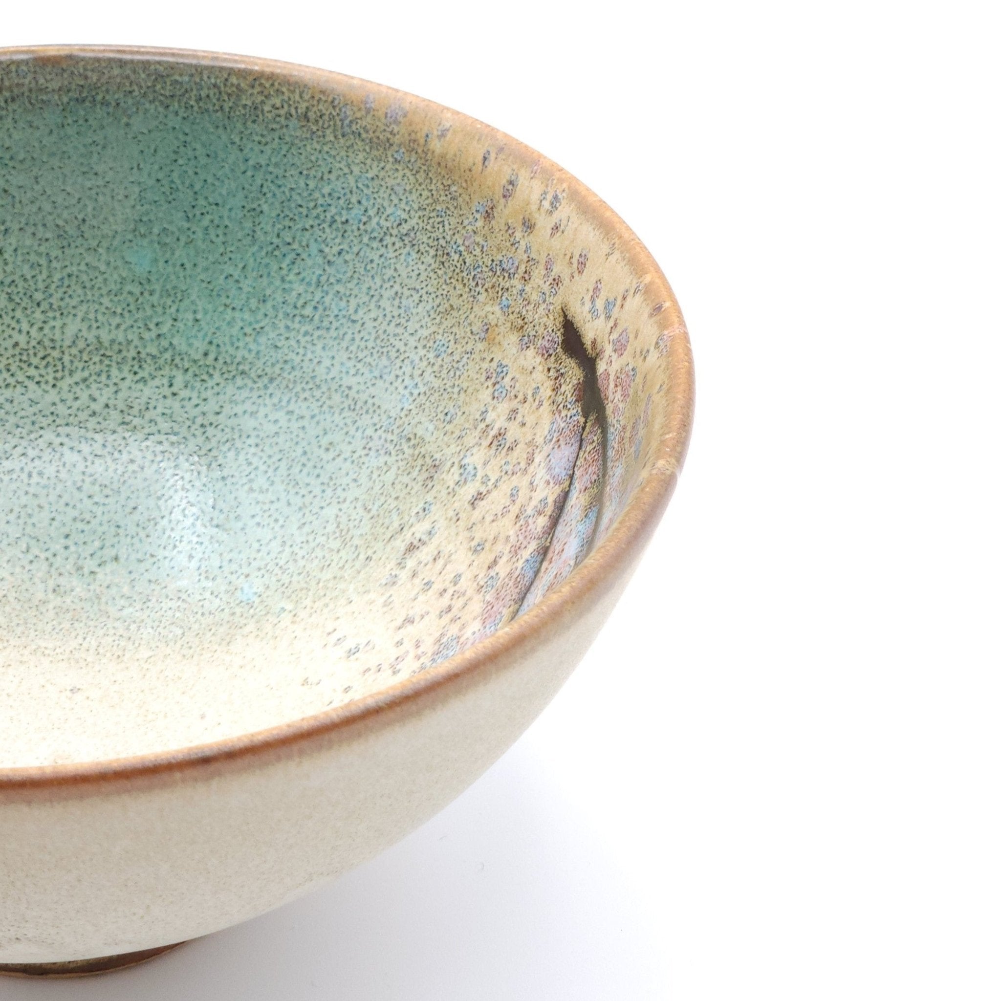 Authentic Japanese pottery bowl with cherry blossoms decoration. Green and beige color large. (side detail view 3)

