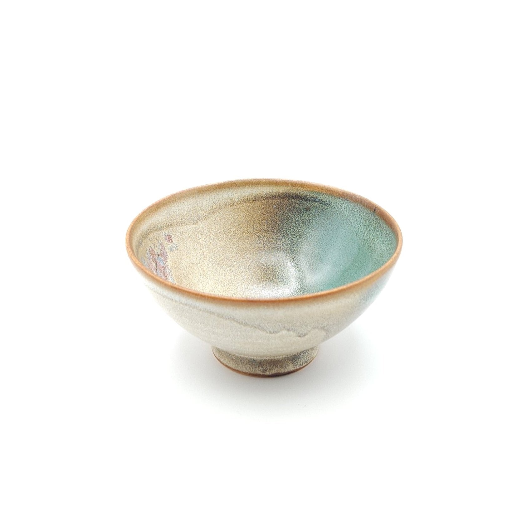 Authentic Japanese pottery bowl with cherry blossoms decoration. Green and beige color. (side view 7)