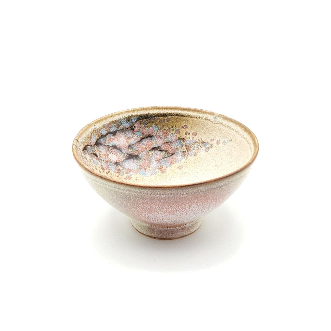 Authentic Japanese pottery bowl with cherry blossoms decoration. Pink and beige color. (side view 2).