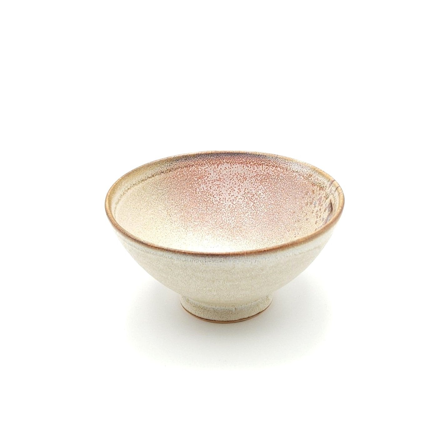 Authentic Japanese pottery bowl with cherry blossoms decoration. Pink and beige color. (side view 5).