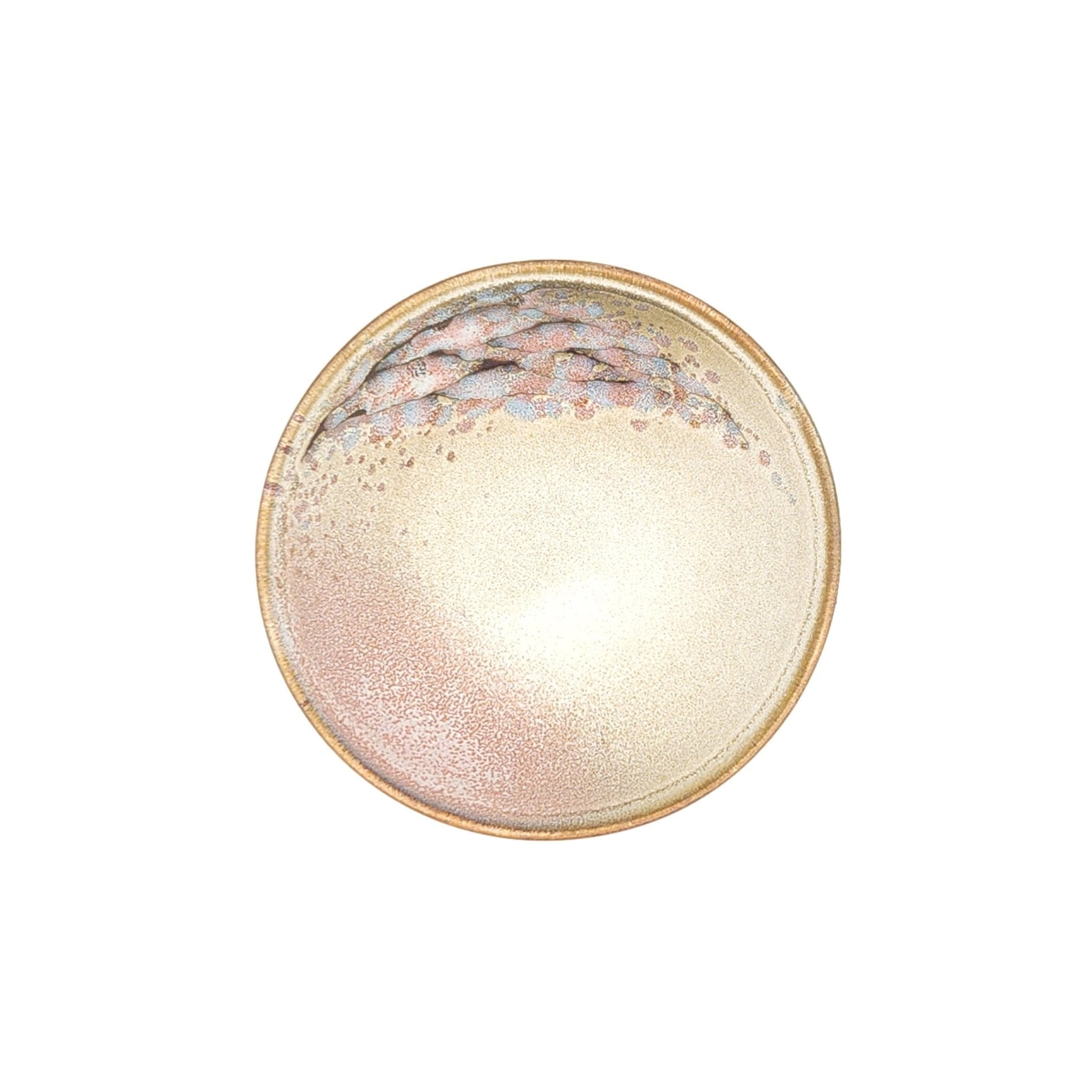 Authentic Japanese pottery bowl with cherry blossoms decoration. Pink and beige color. (top view 1).