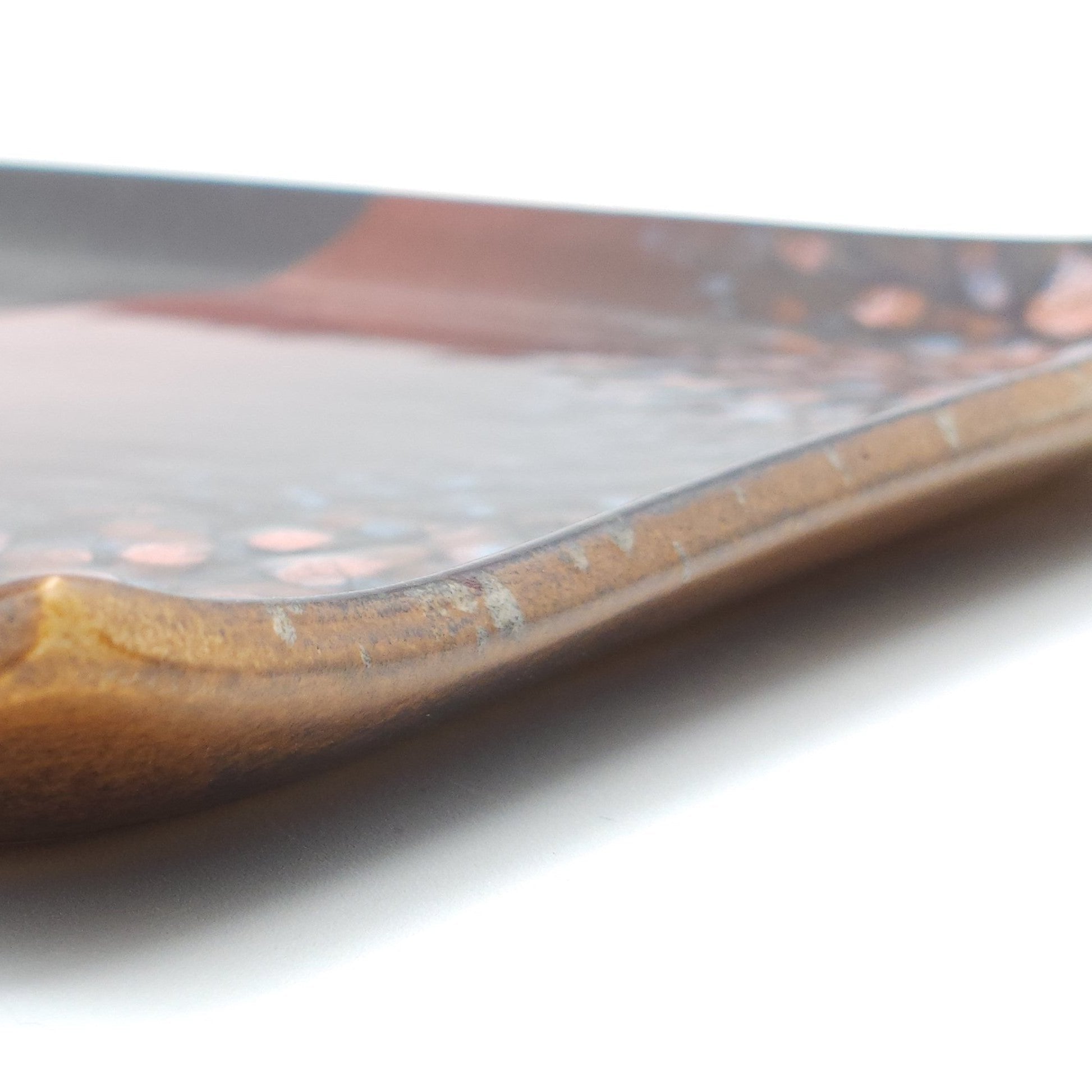 Authentic Japanese pottery square plate with Mt.Fuji decoration. red and brown  color. (side detail view 2).
