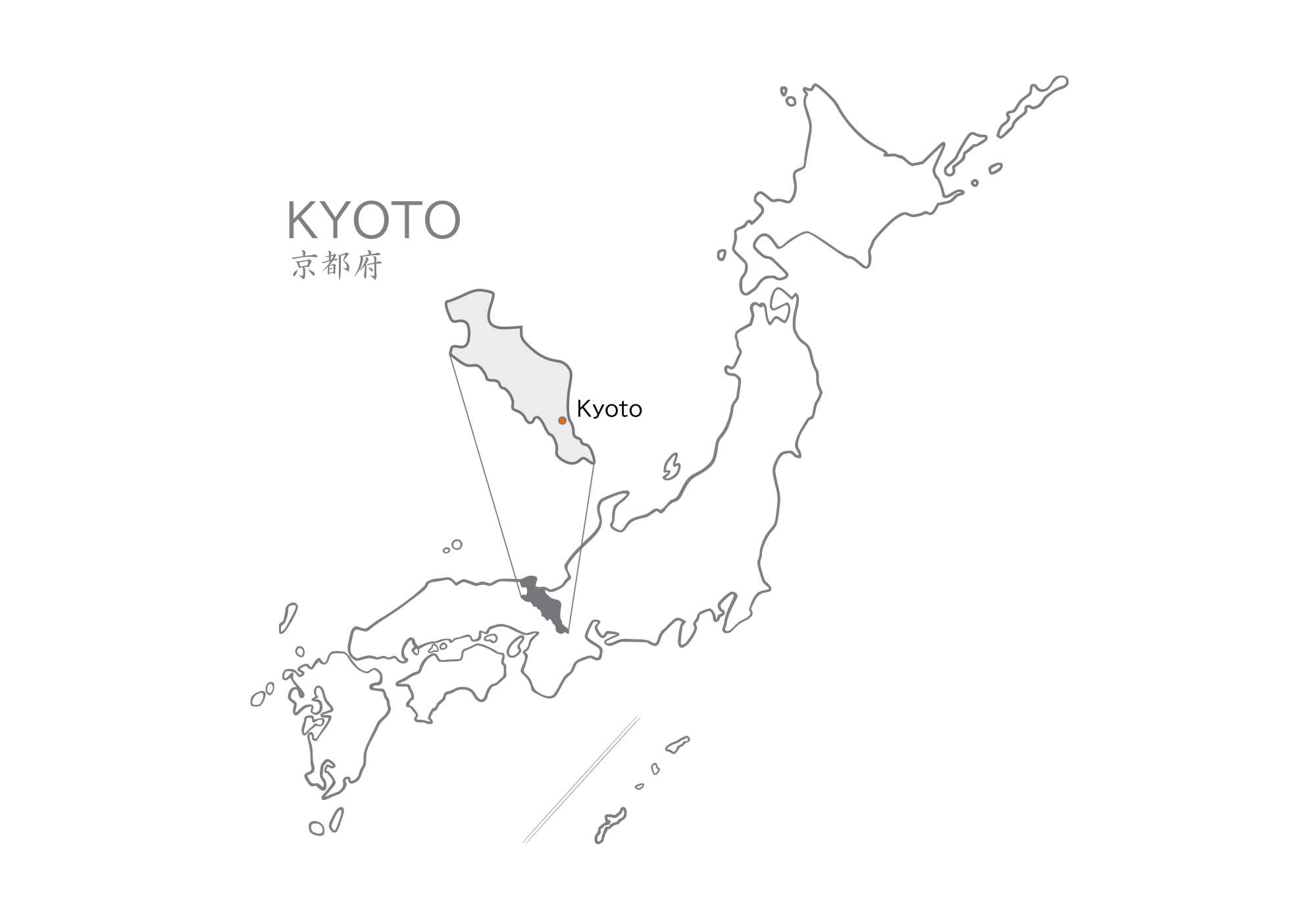 Map of Japan highlighting Kyoto with Japanese text. Tsukushi