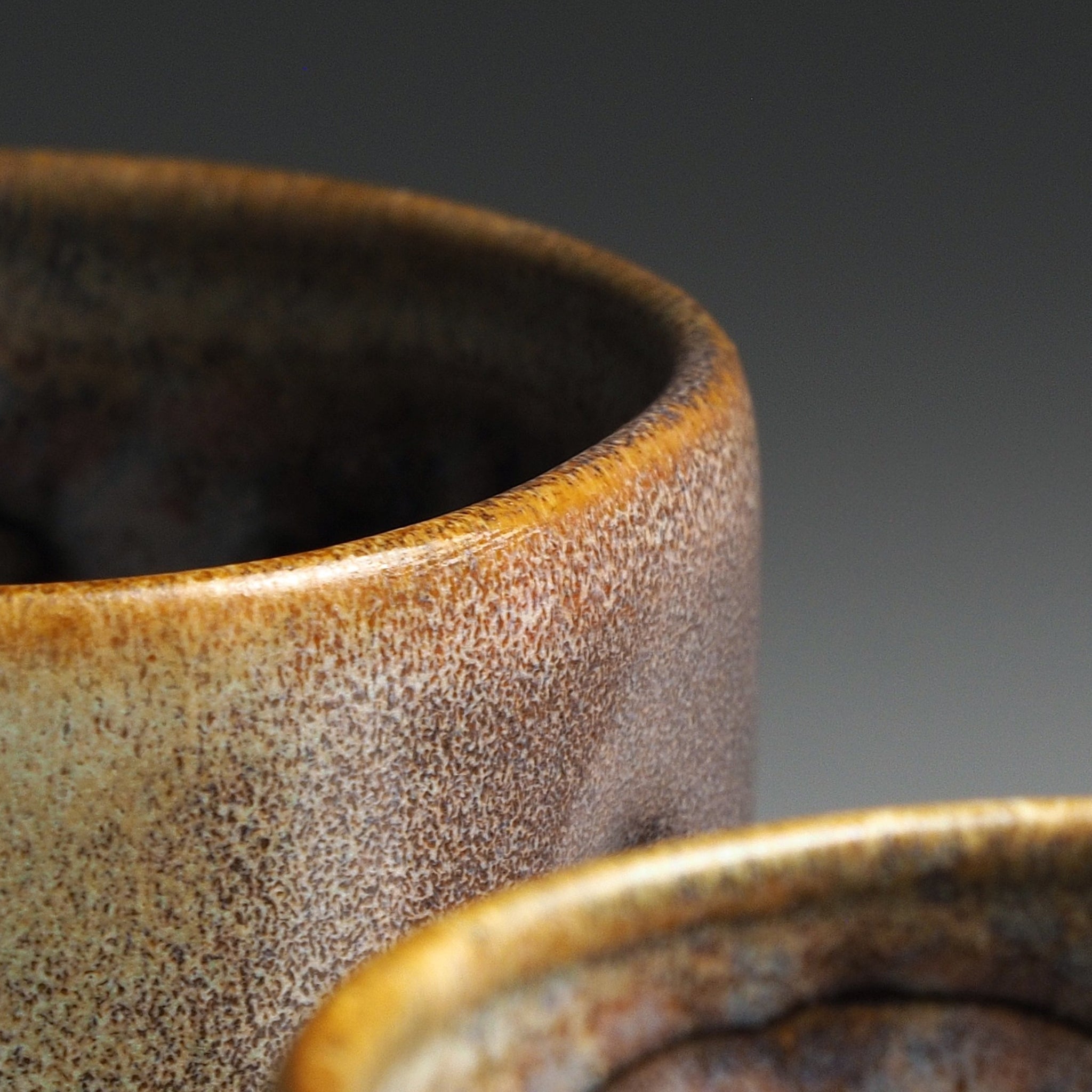 Close-up of a Japanese ceramic cup rim with a blurred background.