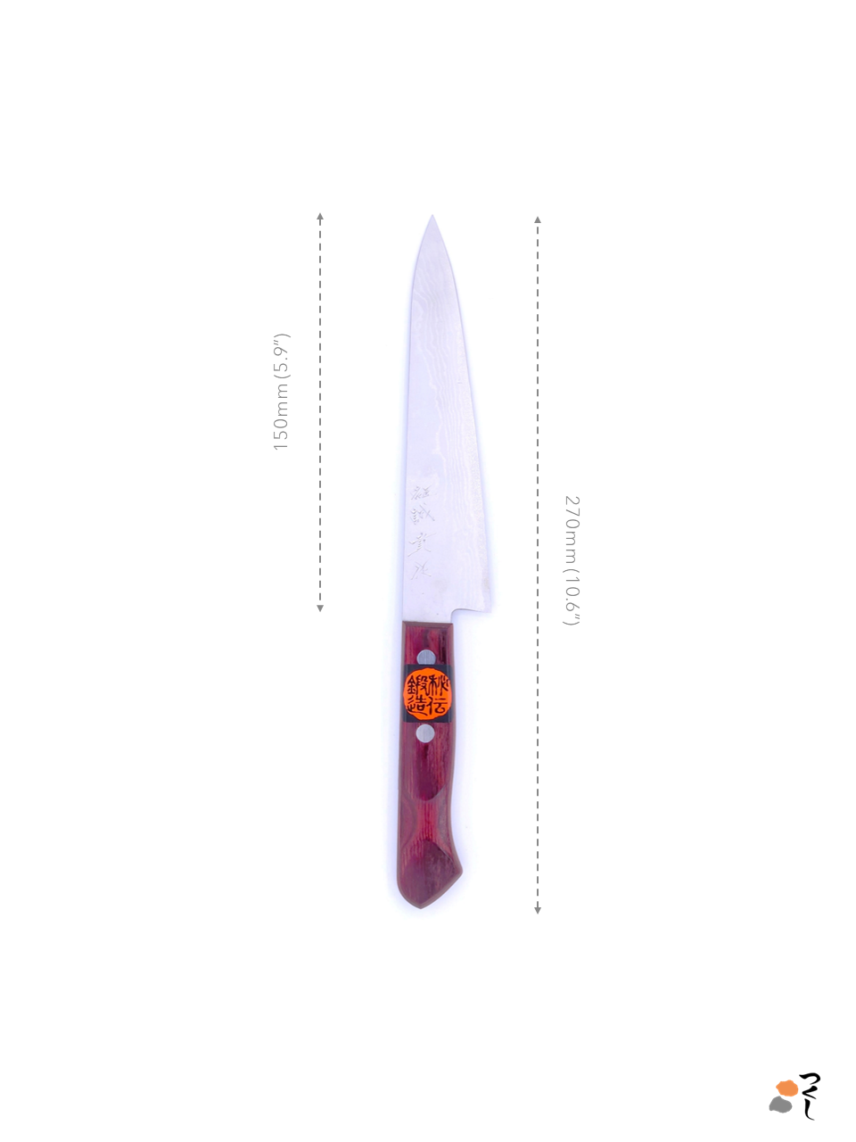 A Japanese Petty Knife by Tanaka Shigeki made with VG 10 steel with red handle with measures.