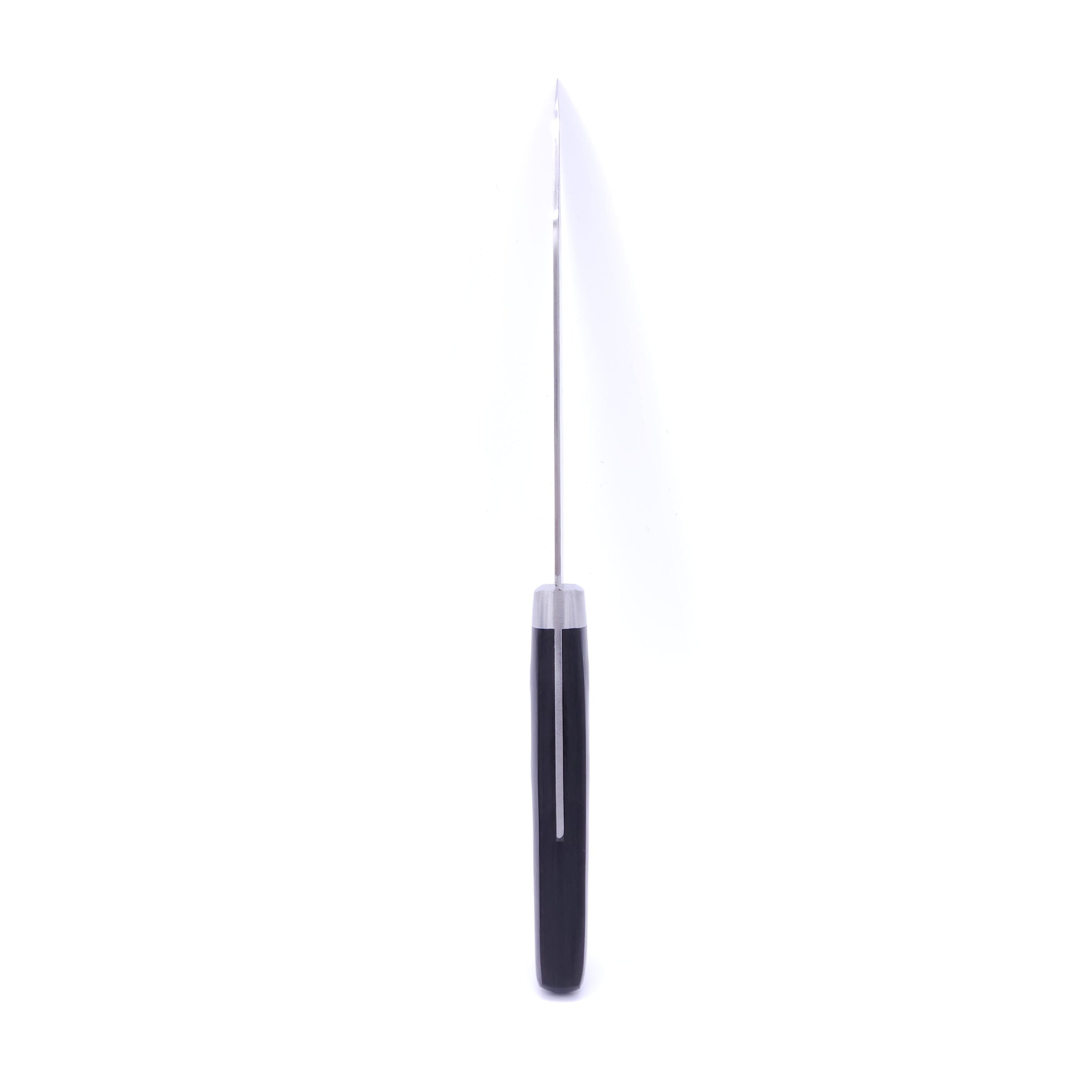 Siluette of a Japanese Santoku knife with black handle Crafted in VG1 by Minamoto Mitsukane cutlery, 140mm.
