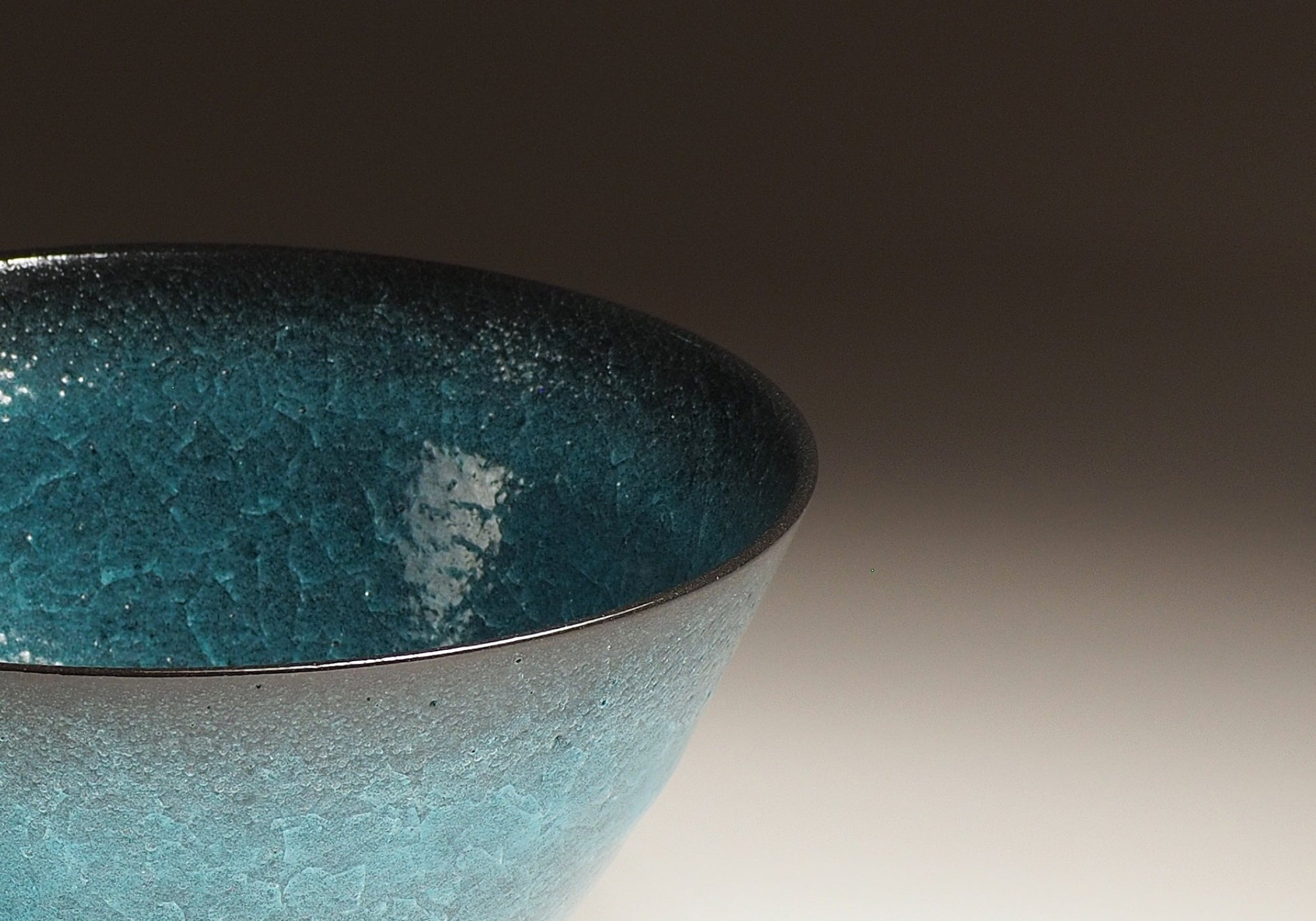 Japanese Emerald green ramen bowl. with ceramic crazing. Side detail view