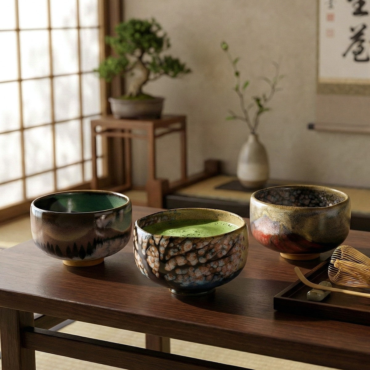 Three handcrafted matcha bowls on a wooden table with a blurred background of Japanese room. Tsukushi